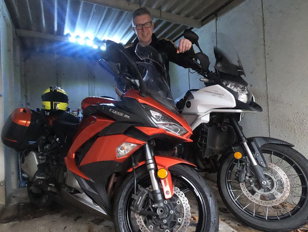 Simon Weir with his multibike garage