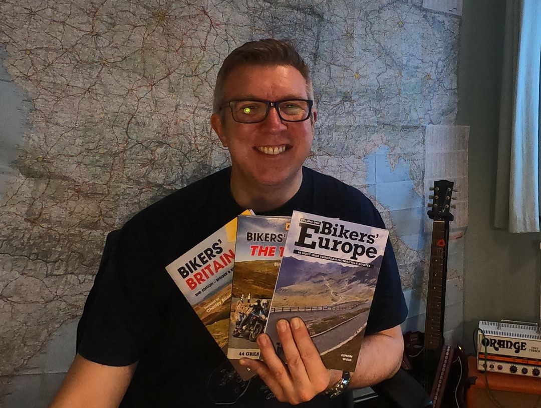 Simon Weir with his books Bikers’ Britain and Bikers’ Europe 